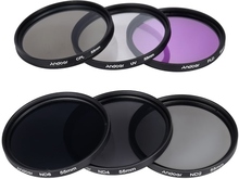 Andoer 55mm Objektiv-Filter Kit UV + CPL + FLD + ND (ND2 ND4 ND8) mit Carry Pouch / Objektivdeckel / Objektivdeckel Halter / Tulip & Rubber Lens Hoods / Reinigungstuch