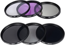 Andoer 58mm Lens Filter Kit UV + CPL + FLD + ND (ND2 ND4 ND8) mit Carry Pouch / Objektivdeckel / Objektivdeckel Halter / Tulip & Rubber Lens Hoods / Reinigungstuch