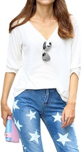 Mode Frauen Girl T-Shirt V-Ausschnitt Langarm Volltonfarbe Pullover lässig lockeren Tops Tee Bluse schwarz/weiss