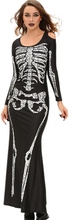 New Fashion Women Dress Skeleton Print Shoulder Cut Out Long Sleeve Floor-Length Halloween Cosplay Costume Black
