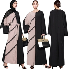 Frauen Muslimische Spitze Kleid Langarm Spleißen Gehäkelte Spitze Reißverschluss Zurück Lange Lose Minddle Osten Abaya Robe