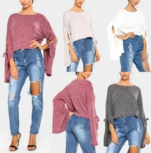 Neue Mode Frauen Herbst Winter Crop Top Rundhals Strappy Slit Sleeves Volltonfarbe Cropped T-Shirt