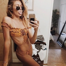 Sexy Frauen Smocked Bikini Set aus der Schulter Lace Up Badeanzug Badeanzüge zweiteilige Beachwear