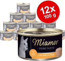 Sparpaket: 12 x 100 g Miamor Feine Filets - Huhn, Schinken & Reis in Jelly