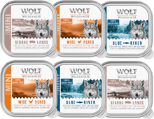 10 % Rabatt! Wolf of Wilderness mixpakker - 6 x 150 g (MINI skåler): 2x Kylling, 2x Fisk, 2x Gris