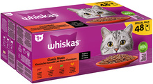 Megapakke Whiskas 1+ 48 x 100/85 g g Porsjonsposer - Klassisk utvalg i saus (Storfe, Lam, Fjærkre, Kylling)