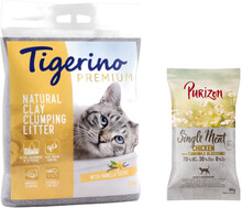 2 x 12 kg Tigerino kattströ + 100 g Purizon torrfoder på köpet! - Vanilla + 100 g Purizon Single Meat med kyckling