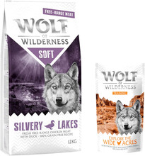 12 kg Wolf of Wilderness 12 kg + 100 g Training "Explore" på köpet! - Silvery Lakes - Free Range - Chicken & Duck (halvfuktigt)