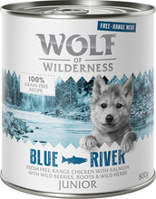 24x800g Wolf of Wilderness Junior "Frittgående" - Junior Blue River - Frittgående Kylling & Laks