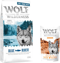 12 kg Wolf of Wilderness 12 kg + 100 g Training "Explore" på köpet! - Blue River - Free Range - Chicken & Salmon