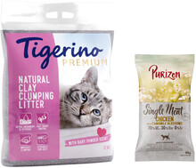 2 x 12 kg Tigerino kattströ + 100 g Purizon torrfoder på köpet! - Baby Powder + 100 g Purizon Single Meat med kyckling