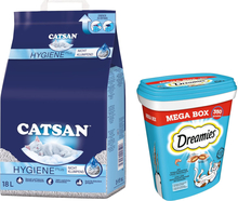 18 l Catsan kattesand + 2 x 350 g Dreamies snacks til spesialpris! - Hygienestrø kattesand + Kattensnacks Laks