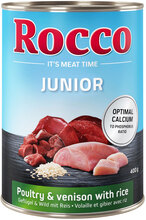 Økonomipakke Rocco Junior 24 x 400 g - Fjerkræ & vildt med ris + kalcium