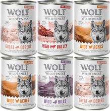 10 % Rabatt! Wolf of Wilderness mixpakker - 6 x 400 g (bokser): 2x Freiland-Pute, 2x -Kylling, 1x -Storfe, 1x -And