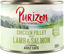 Kjøp 24 Purizon Adult 200 g / 400 g, betal for 22! – kyllingfilet med laks og lam 24x200 g
