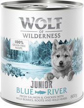 Økonomipakke: Little Wolf of Wilderness 24 x 800 g - Blue River Junior - Kylling & Laks