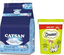 18 l Catsan kattesand + 2 x 350 g Dreamies snacks til spesialpris! - Hygienestrø kattesand + Kattensnacks Tunfisk