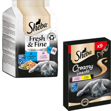 6 x 50 g Sheba Fresh & Fine våtfôr + 9 x 12 g Creamy Snack til spesialpris! - 6 x 50 g Fresh & Fine: Tunfisk og laks i gelé + 9 x 12 g Creamy Snacks: kylling & laks