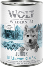 Økonomipakke Little Wolf of Wilderness 12 x 400 g - Blue River Junior - Kylling & Laks