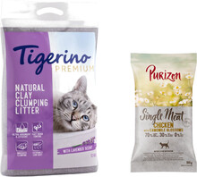2 x 12 kg Tigerino kattströ + 100 g Purizon torrfoder på köpet! - Special Edition: Lavendel + 100 g Purizon Single Meat med kyckling