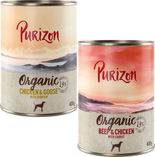 Økonomipakke: Purizon Organic 24 x 400 g - Mixpakke: 12 x Kylling & Gås, 12 x Oksekød & Kylling