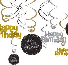 Swirls Happy Birthday Silver/Guld Glitter - 12-pack