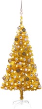vidaXL Plastgran med LED och julgranskulor guld 120 cm PET