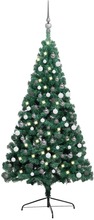 vidaXL Halv plastgran med LED och julgranskulor grön 120 cm