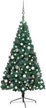 vidaXL Halv plastgran med LED och julgranskulor grön 240 cm