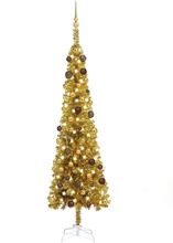 vidaXL Plastgran smal med LED och julgranskulor guld 210 cm