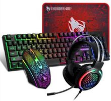 T-WOLF TF400 USB Wired RGB Rainbow Backlit Gaming Keyboard + Mouse + Gaming Headset + Mouse Pad Comb