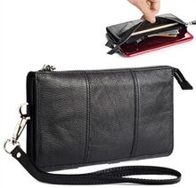 Universal telefonpose ægte læder taljetaske lynlås bærbar håndtaske med rem til smartphones - sort