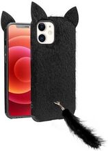 QIALINO Plain Plush Coated TPU Phone Cover with Fluffy Cat Ear and Tail Strap for iPhone 12 mini - B