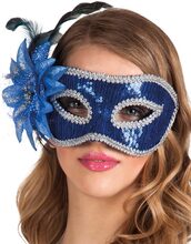 Blå Venetiansk Ögonmask med Blomma och Fjäderpynt