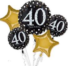 Happy 40th Birthday- Svart och Guldfärgad Ballongbukett med 5 Folieballonger