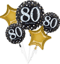 Happy 80th Birthday - Svart och Guldfärgad Ballongbukett med 5 Folieballonger