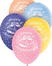 Happy Anniversary - 5 st Ballonger i Blandade Färger med Vitt Tryck 30 cm