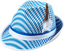 Rutig blå och vit Oktoberfest hatt med Fedoraform dekorerad med fjädrar och band