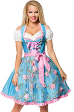 Ljusblå Dirndl Oktoberfestklänning i Lyxkvalitet med Utformade Blommor på Förkläde