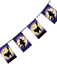 Lila banderoll med häxor och katter 8 meter