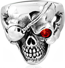 Pirate Skull - Silverfärgad Stålring med Röd CZ Sten