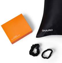 OHAIRO Pure Silk Pillow Case Set 1 Pillowcase + 2 Silk Scrunchies Black