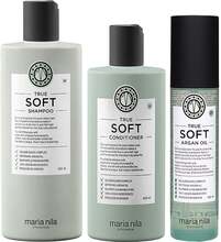 Maria Nila True Soft Trio Shampoo 350ml, Conditioner 300ml, Argan Oil 100ml