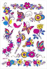 Ark med Forskjellige Fluorescerende Sommerfugler og Blomstertatoveringer (UV Fake Tattoo)
