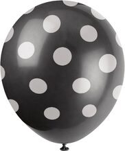 6 stk 30 cm - Svarte Ballonger med Hvite Polka Dots