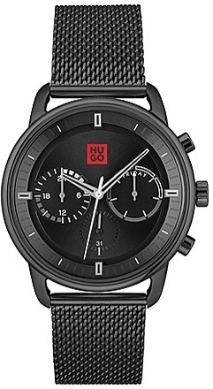 Black-effect watch with mesh bracelet