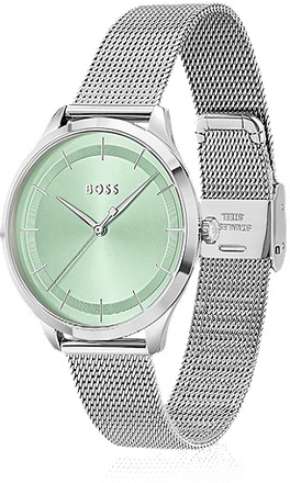 Green-dial watch with mesh bracelet