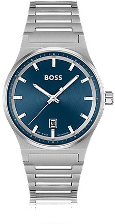 Blue-dial watch with stainless-steel link bracelet