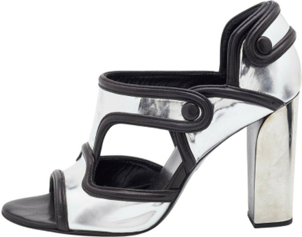 Balenciaga Silver/Black Leather Open Toe Sandals