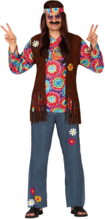 Hippie Kostyme til Mann med Skjorte, Vest, Pannebånd og Bukser